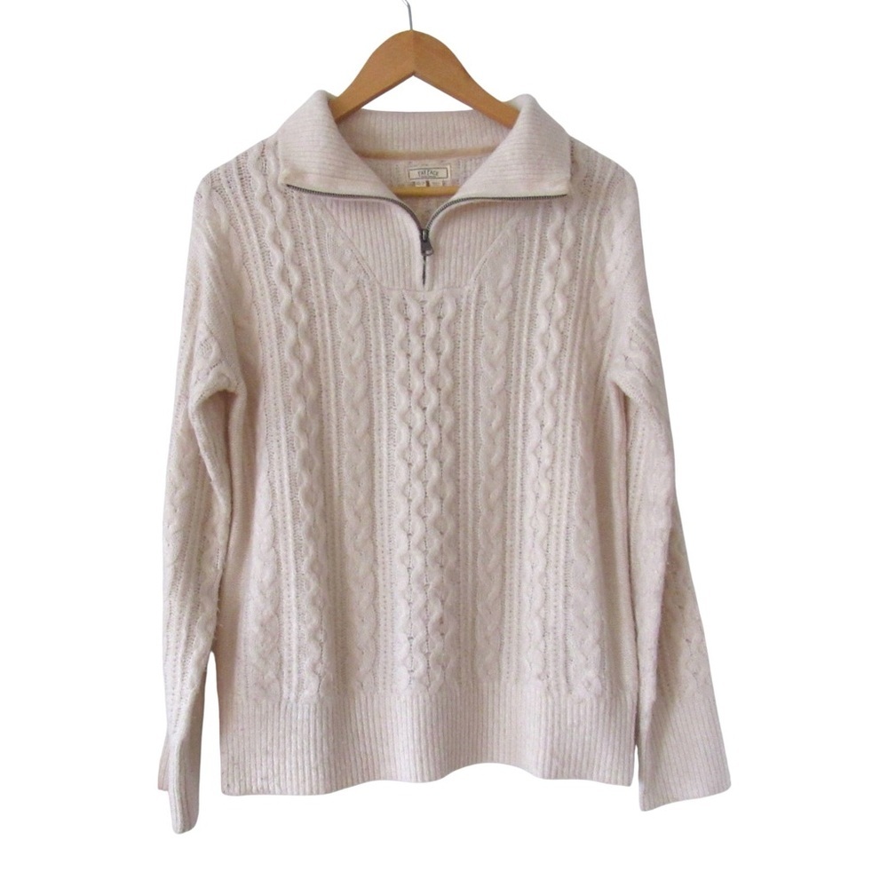 Fat Face Cable Knit Polo Sweater US 6 Cream Zip Collar Stretch Classic Preppy